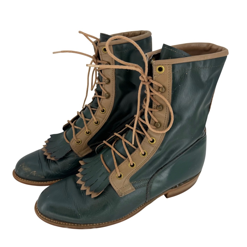 VTG Texas USA Kiltie Lace Up Boots Heritage Western Forest Green 7.5